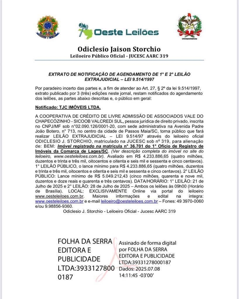 EXTRATO DE NOTIFICAÇÃO DE AGENDAMENTO DE 1° E 2° LEILÃO EXTRAJUDICIAL